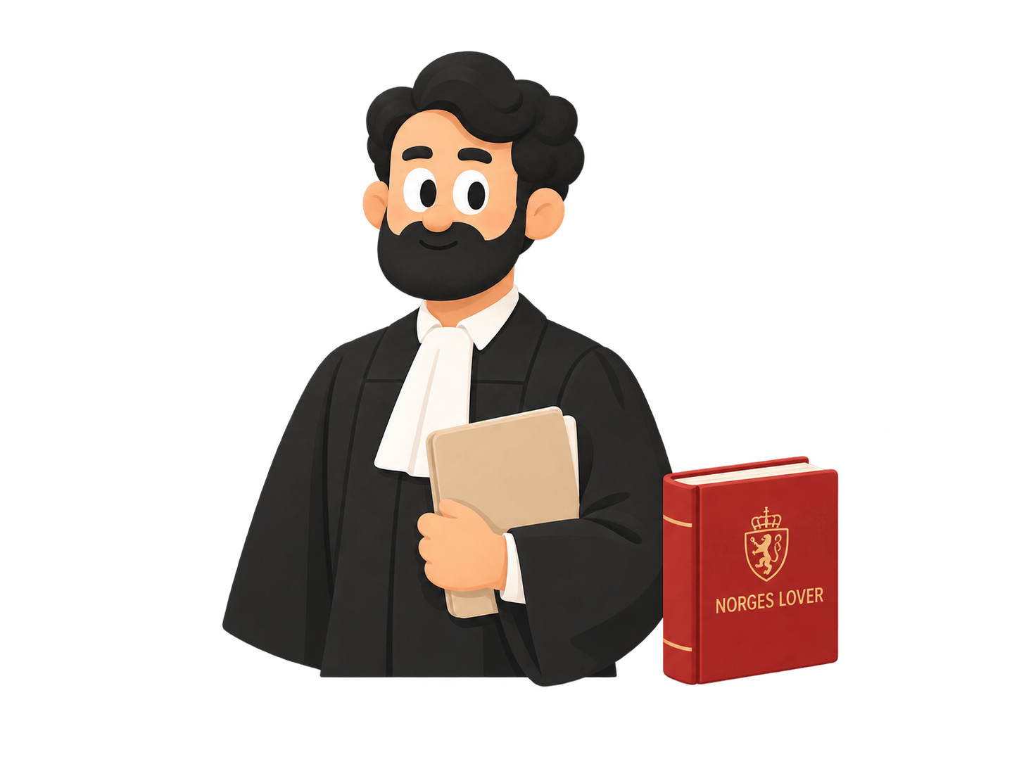 Illustrasjon av en jurist med dokumenter og Norges lover